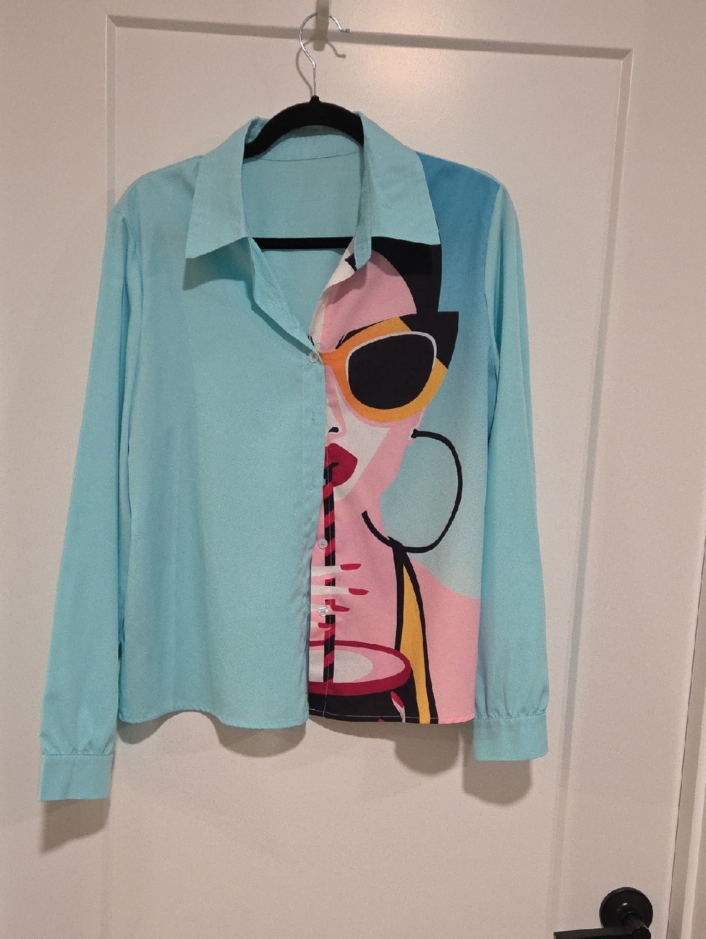 Light Blue Pop-Art Button-Up Blouse with Graphic Front